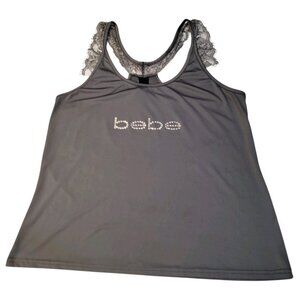 Bebe Rhinestone Logo Tank Top Gray Sz M Y2K Sleeveless Lace Trim Sleepwear